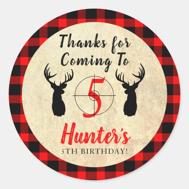 Deer Hunting Theme Birthday Party Thank You Classic Round Sticker (Front)