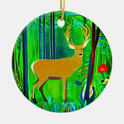 Deer in a Fantasy Forest Setting Ceramic Ornament