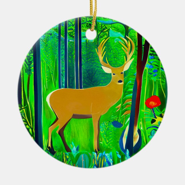 Deer in a Fantasy Forest Setting Ceramic Ornament (Front)