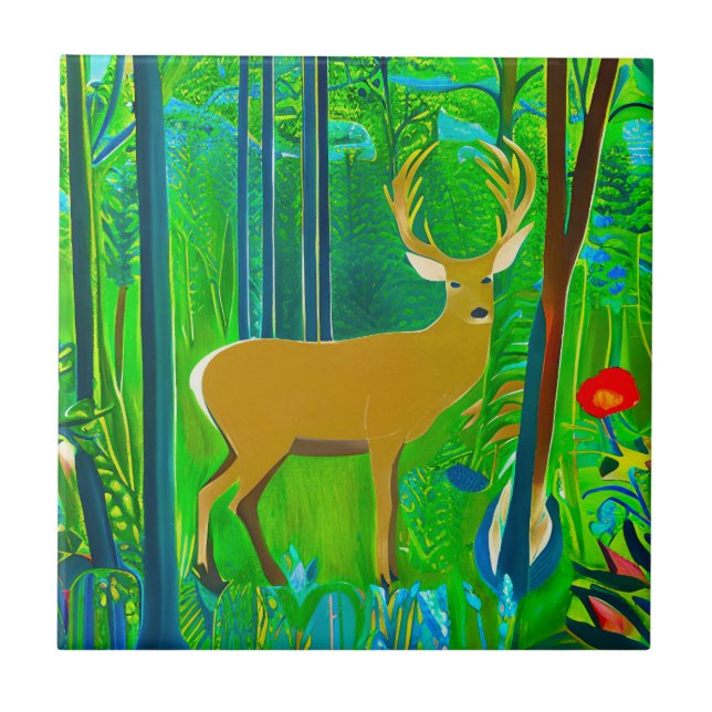 Deer in a Fantasy Forest Setting  Ceramic Tile (Front)