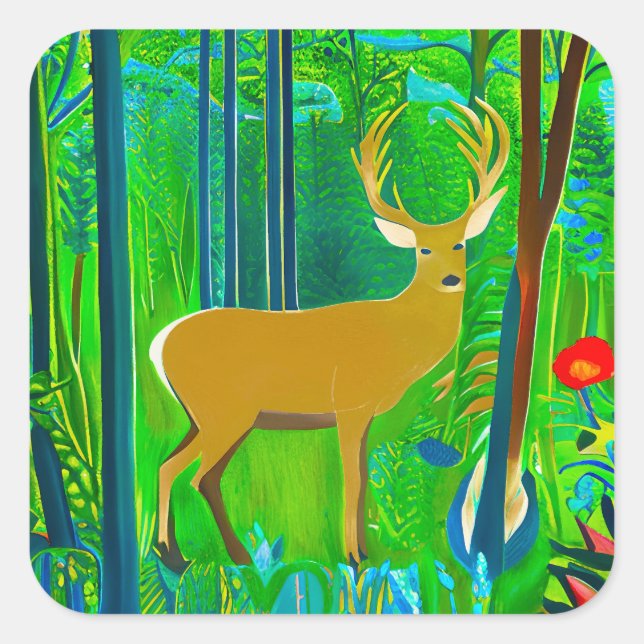 Deer in a Fantasy Forest Setting Square Sticker (Front)