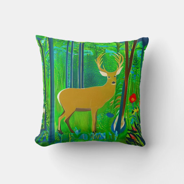 Deer in a Fantasy Forest Setting  Throw Pillow (Front)
