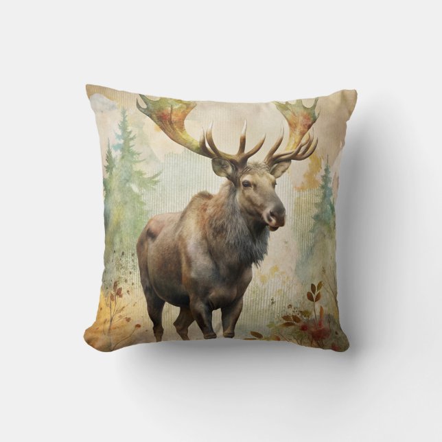 Deer in a Forest Throw Pillow (Front)