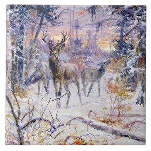 Deer in a Snowy Forest (Winter Season) Ceramic Tile