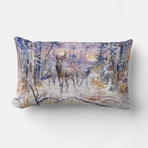 Deer in a Snowy Forest Winter Season Lumbar Pillow