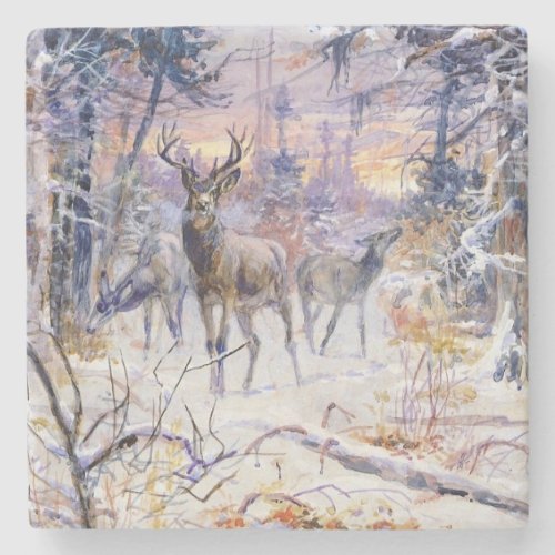 Deer in a Snowy Forest Winter Season Stone Coaster