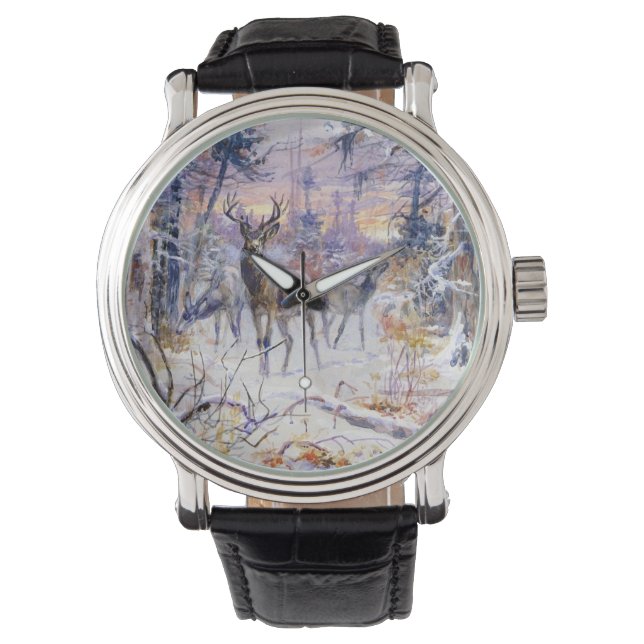 Deer in a Snowy Forest (Winter Season) Watch (Front)