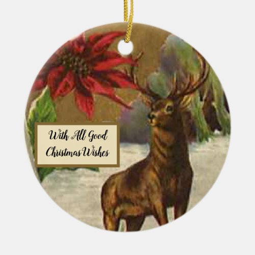 Deer in a Snowy Wood Poinsettia Christmas Wishes Ceramic Ornament