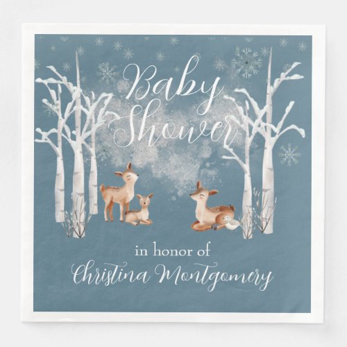 Deer in a White Winter Forest Baby Shower on Blue Paper Dinner Napkins