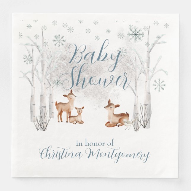 Deer in a White Winter Forest Baby Shower Paper Dinner Napkins (Front)