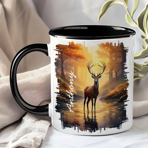 Deer In Autumn Forest Reflection Mug