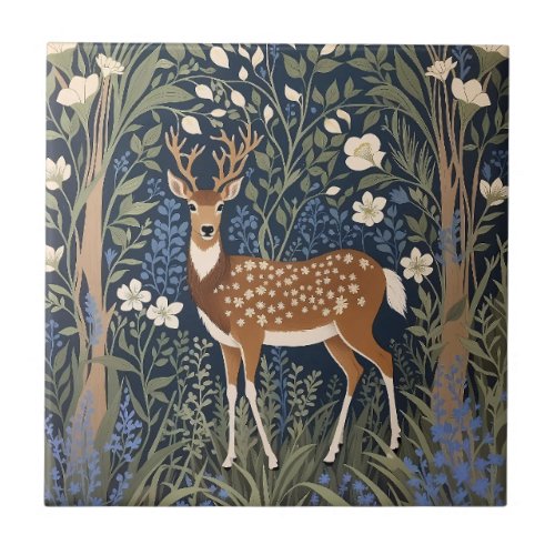 Deer In Bluebell Forest William Morris Inspired Ceramic Tile