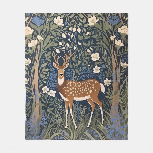 Deer In Bluebell Forest William Morris Inspired Fleece Blanket