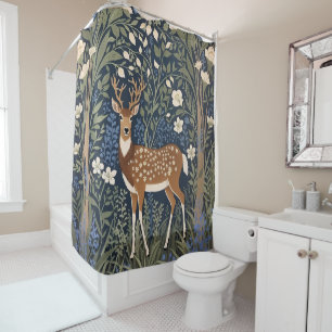 Deer In Bluebell Forest William Morris Inspired Shower Curtain