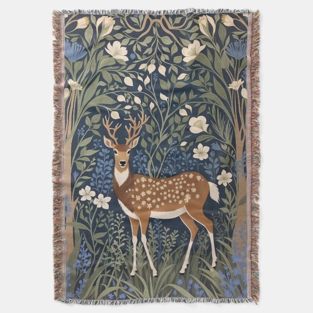 Deer In Bluebell Forest William Morris Inspired Throw Blanket (Front Vertical)