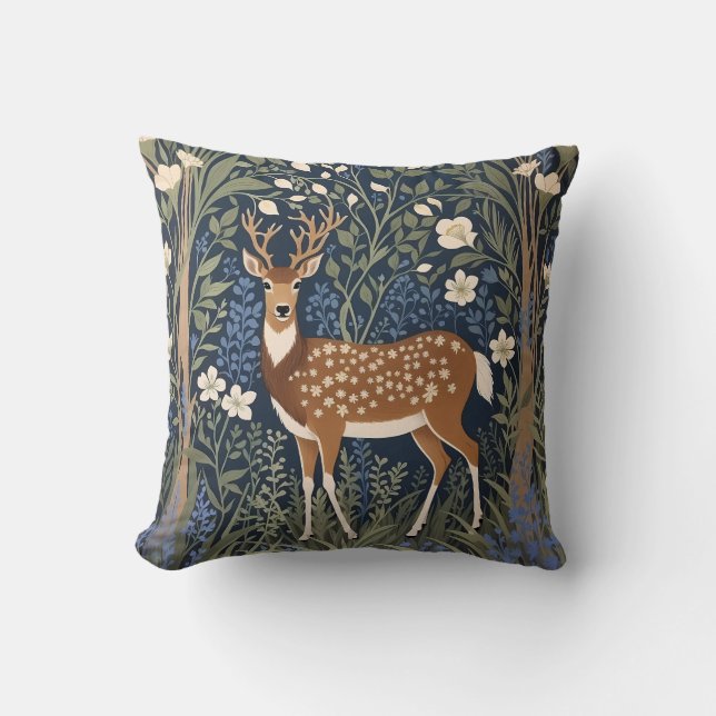 Deer In Bluebell Forest William Morris Inspired Throw Pillow (Front)