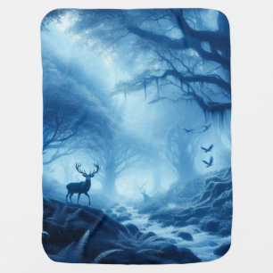 Deer in Dark Forest of Blue Haze Baby Blanket