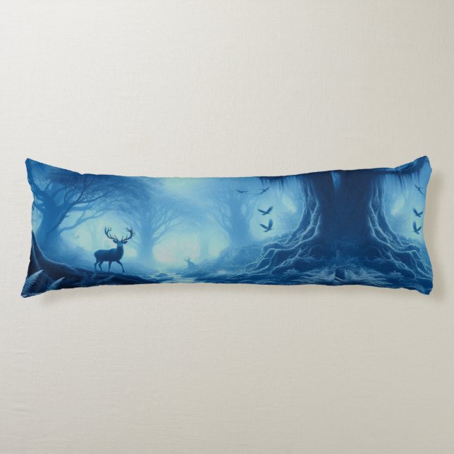 Deer in Dark Forest of Blue Haze Body Pillow (Front)