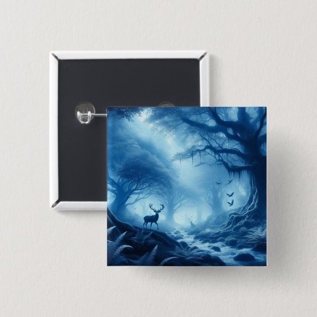 Deer in Dark Forest of Blue Haze Button (Front & Back)