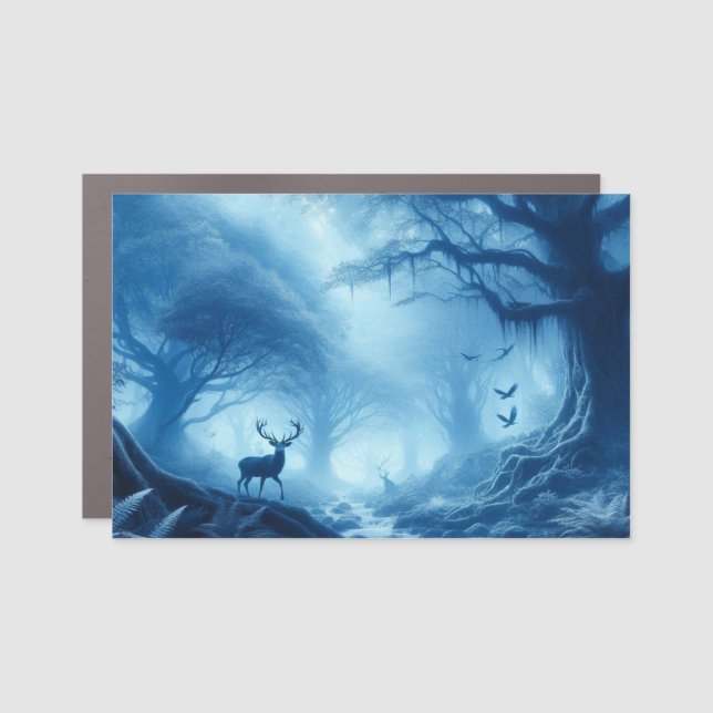 Deer in Dark Forest of Blue Haze Car Magnet (Front)