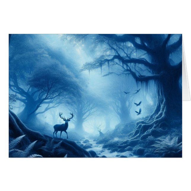 Deer in Dark Forest of Blue Haze Cards (Front Horizontal)