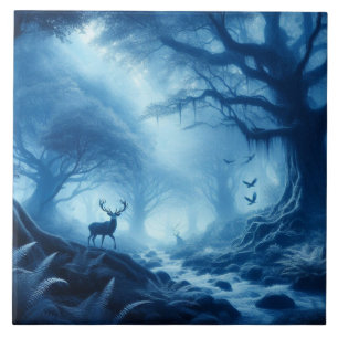 Deer in Dark Forest of Blue Haze Ceramic Tile