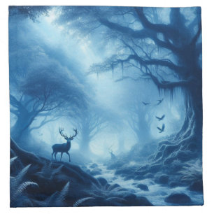 Deer in Dark Forest of Blue Haze Cloth Napkin