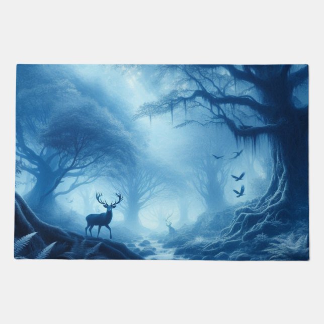 Deer in Dark Forest of Blue Haze Doormat (Front)