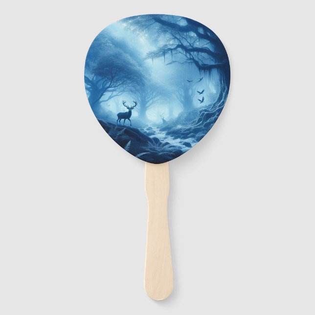 Deer in Dark Forest of Blue Haze Hand Fan (Front)