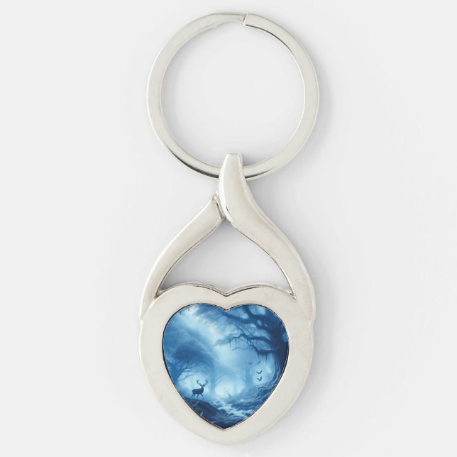 Deer in Dark Forest of Blue Haze Keychain (Front)