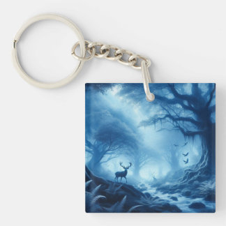 Deer in Dark Forest of Blue Haze Keychain