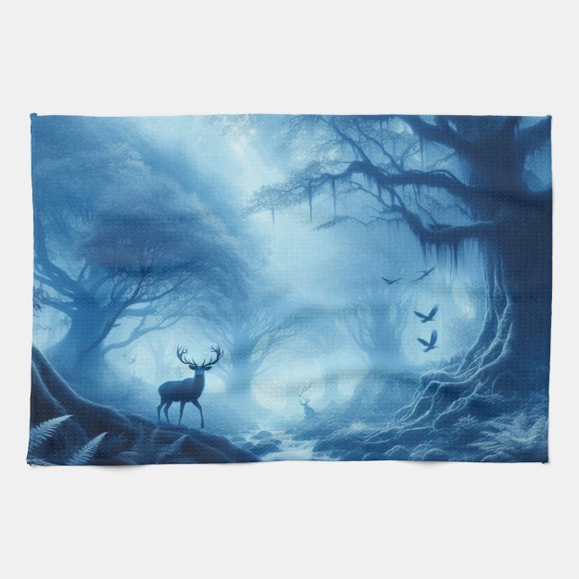 Deer in Dark Forest of Blue Haze Kitchen Towel (Horizontal)