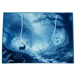 Deer in Dark Forest of Blue Haze Large Gift Bag