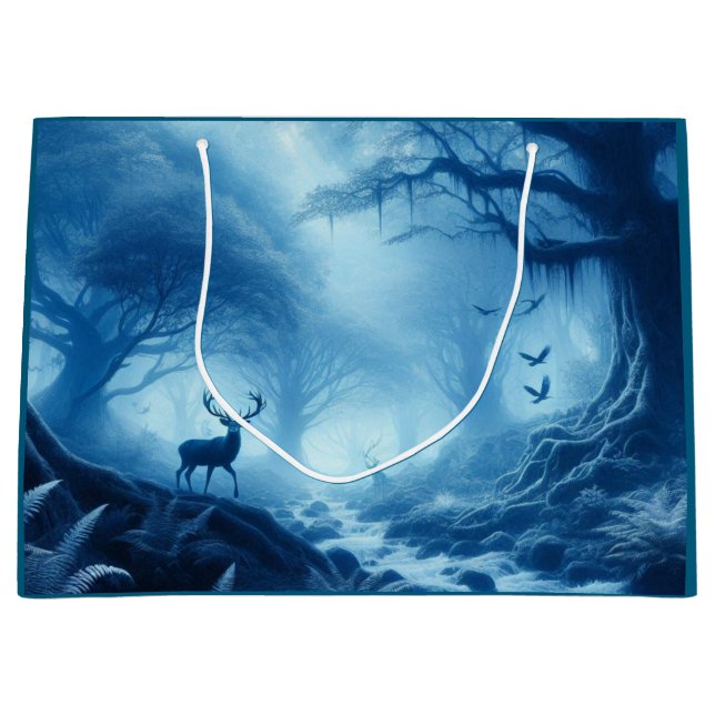 Deer in Dark Forest of Blue Haze Large Gift Bag (Front)