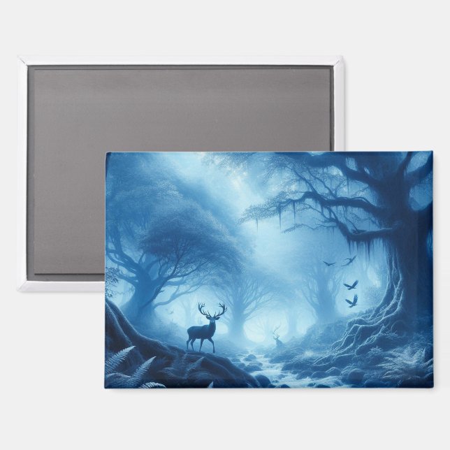 Deer in Dark Forest of Blue Haze Magnet (Front/Back)