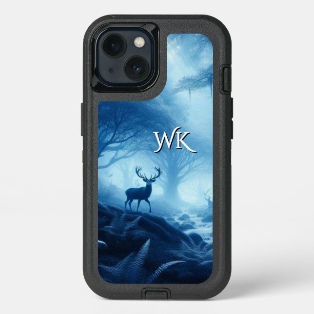 Deer in Dark Forest of Blue Haze Monogram Otterbox iPhone Case (Back)