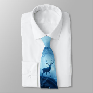 Deer in Dark Forest of Blue Haze Neck Tie