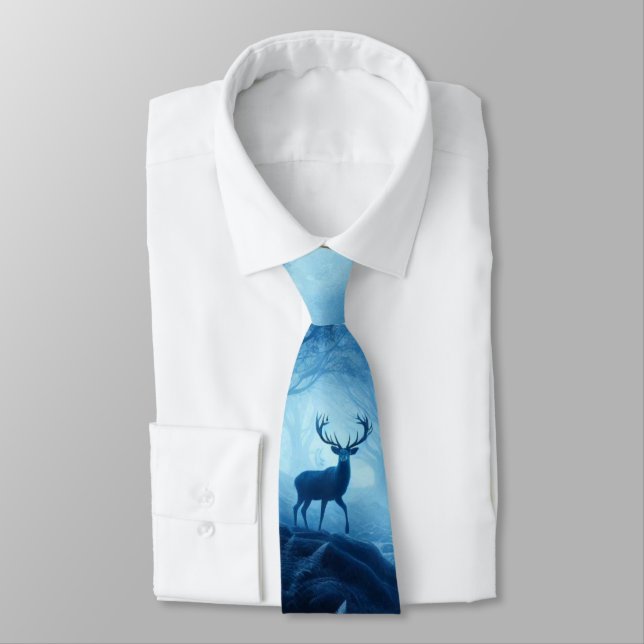 Deer in Dark Forest of Blue Haze Neck Tie (Tied)