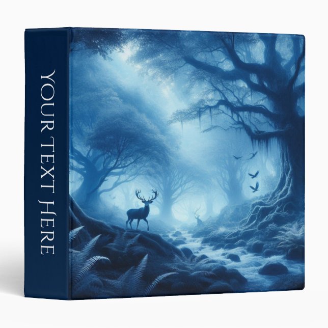 Deer in Dark Forest of Blue Haze Personalize  3 Ring Binder (Front/Spine)