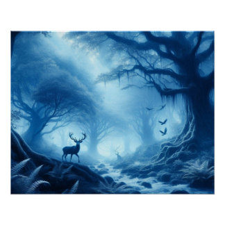 Deer in Dark Forest of Blue Haze Poster