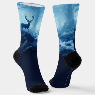 Deer in Dark Forest of Blue Haze Socks