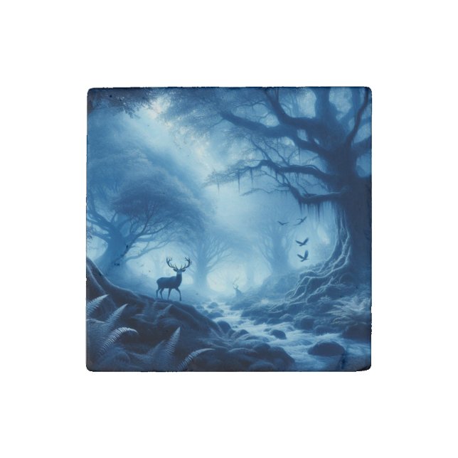 Deer in Dark Forest of Blue Haze Stone Magnet (Front)