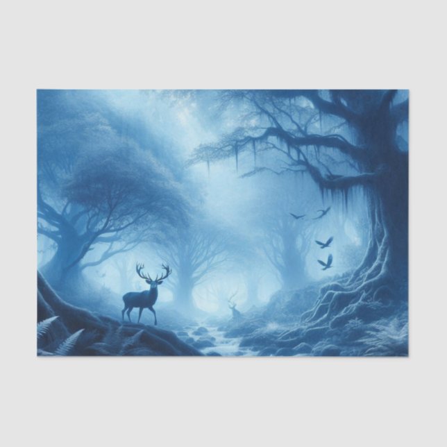 Deer in Dark Forest of Blue Haze Tissue Paper (Front)