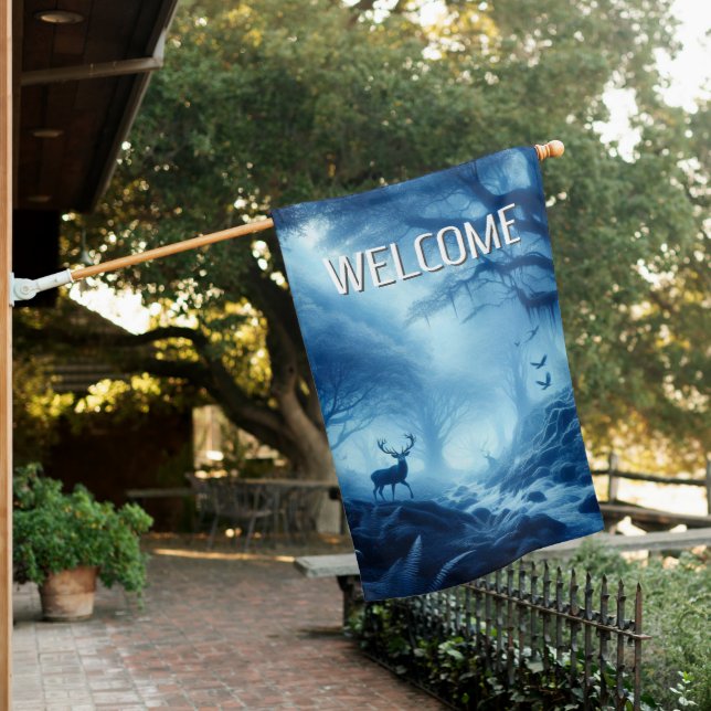 Deer in Dark Forest of Blue Haze Welcome House Flag (In SItu)