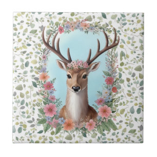 Deer in Flower Crown Ceramic Tile