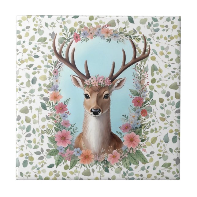 Deer in Flower Crown Ceramic Tile (Front)
