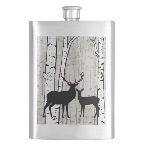 Deer in Foggy Birch Forest Custom Initials Flask