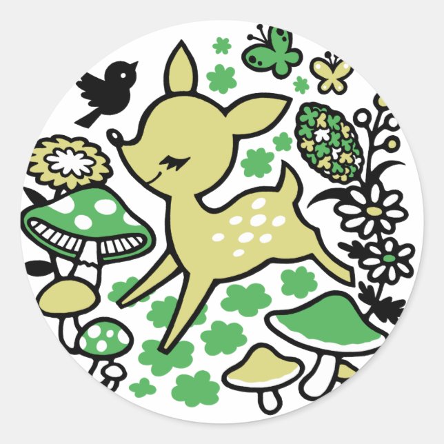 Deer in forest -green classic round sticker (Front)