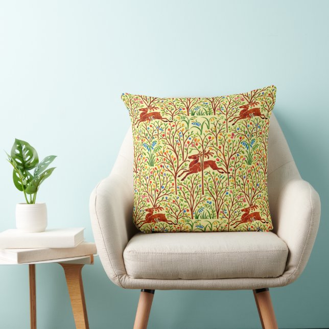 Deer In Forest Retro Art Nouveau Pattern by Voysey Throw Pillow (Chair)