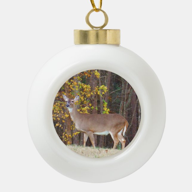 Deer in Front of Yellow Autumn Tree Ceramic Ball Christmas Ornament (Front)